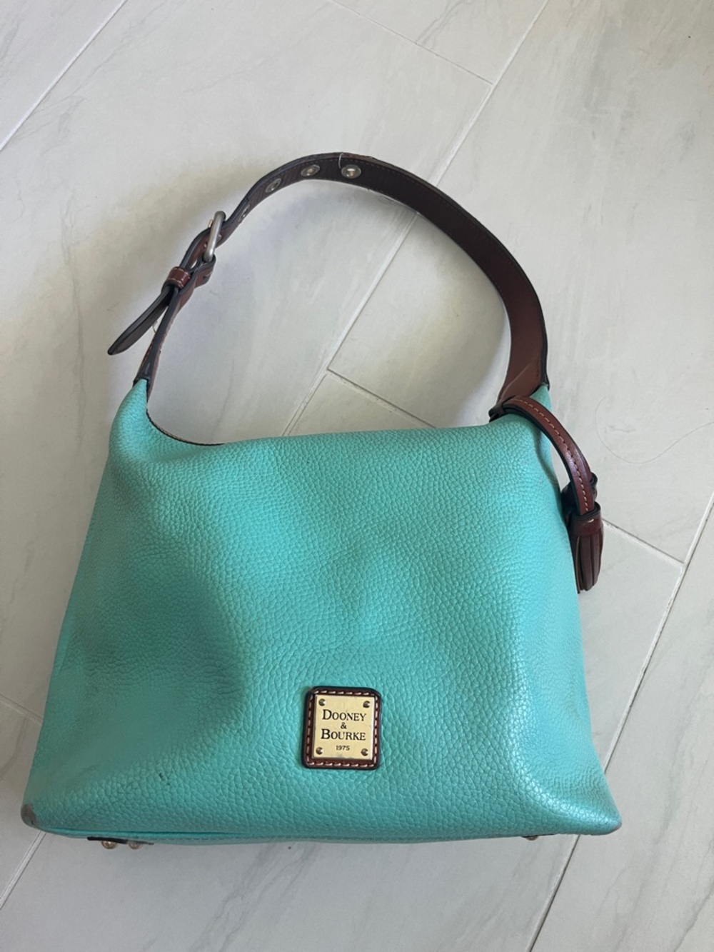 Dooney & Bourke Turquoise Pebble Leather Shoulder Bag with Brown Strap